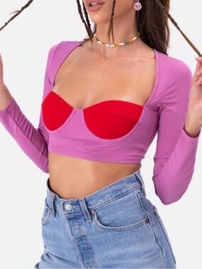 Adika Pink and Red Long Sleeve Bustier Crop Top